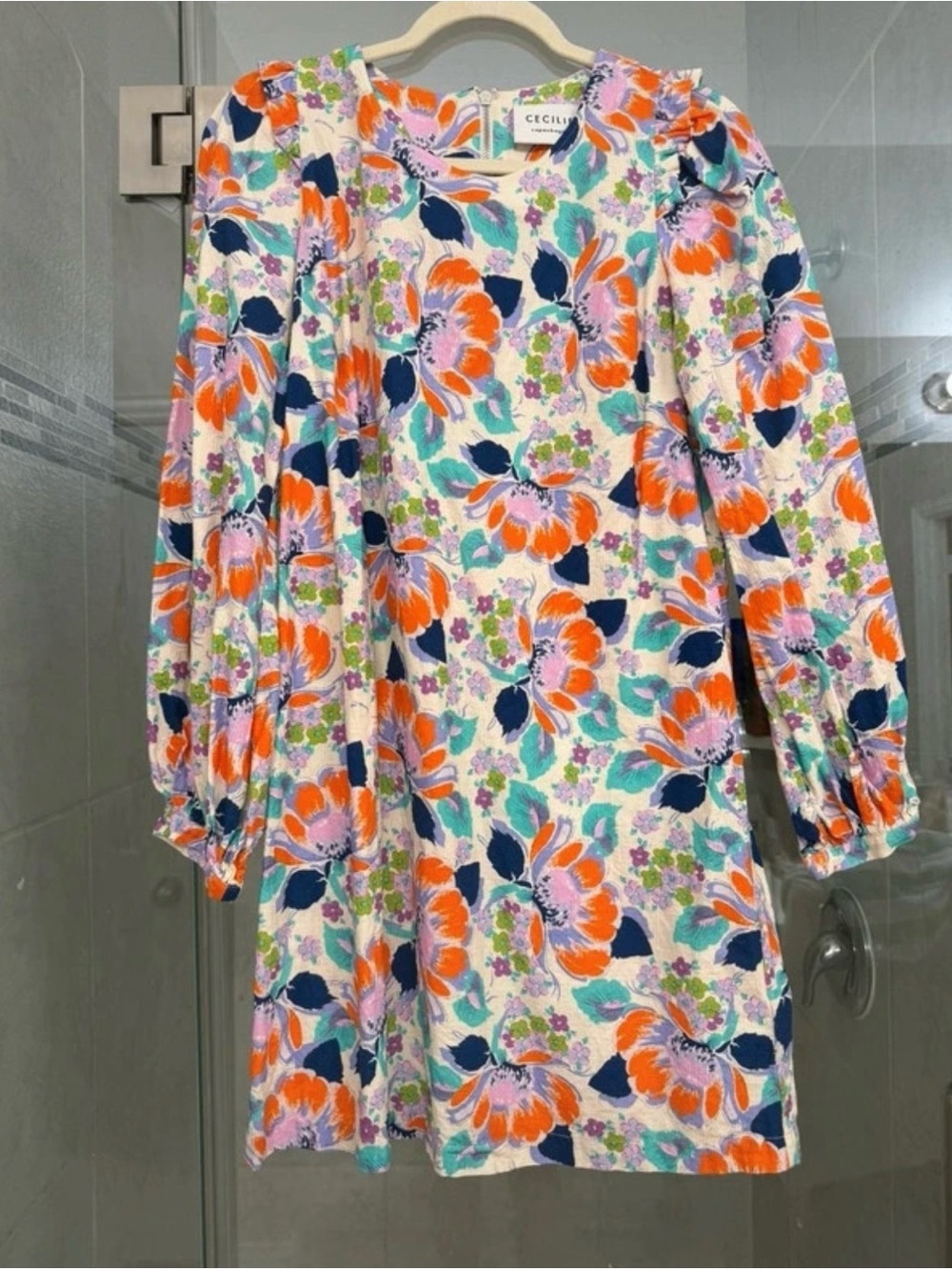 Cecilie Copenhagen Mirna Orange Navy Floral Puff-Sleeve Dress